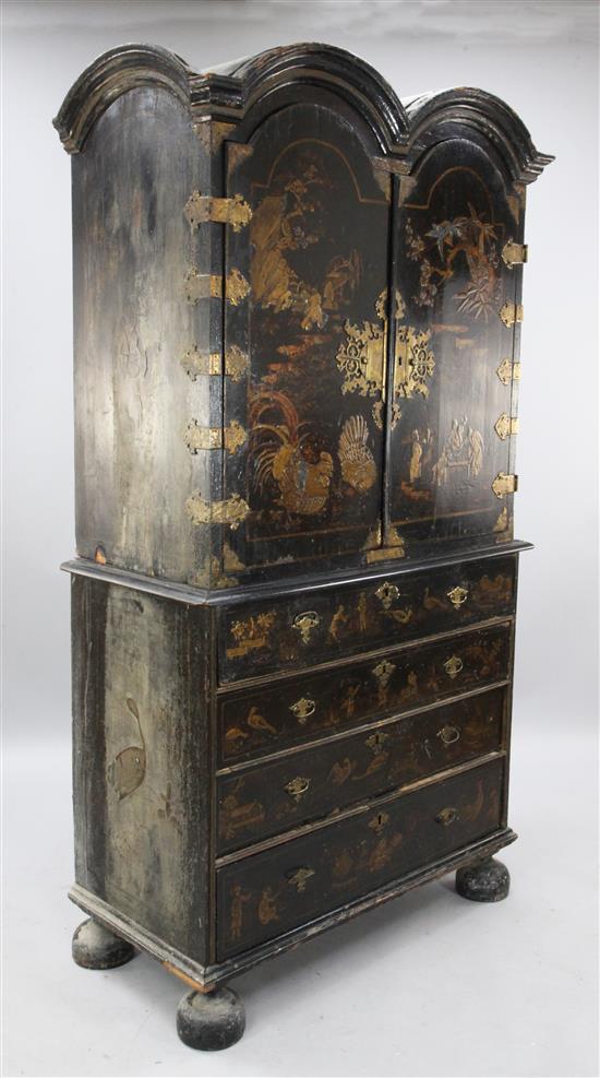 A William & Mary chinoiserie black japanned double dome top secretaire cabinet, W.3ft 6in. D.1ft 9in. H.6ft 5in.